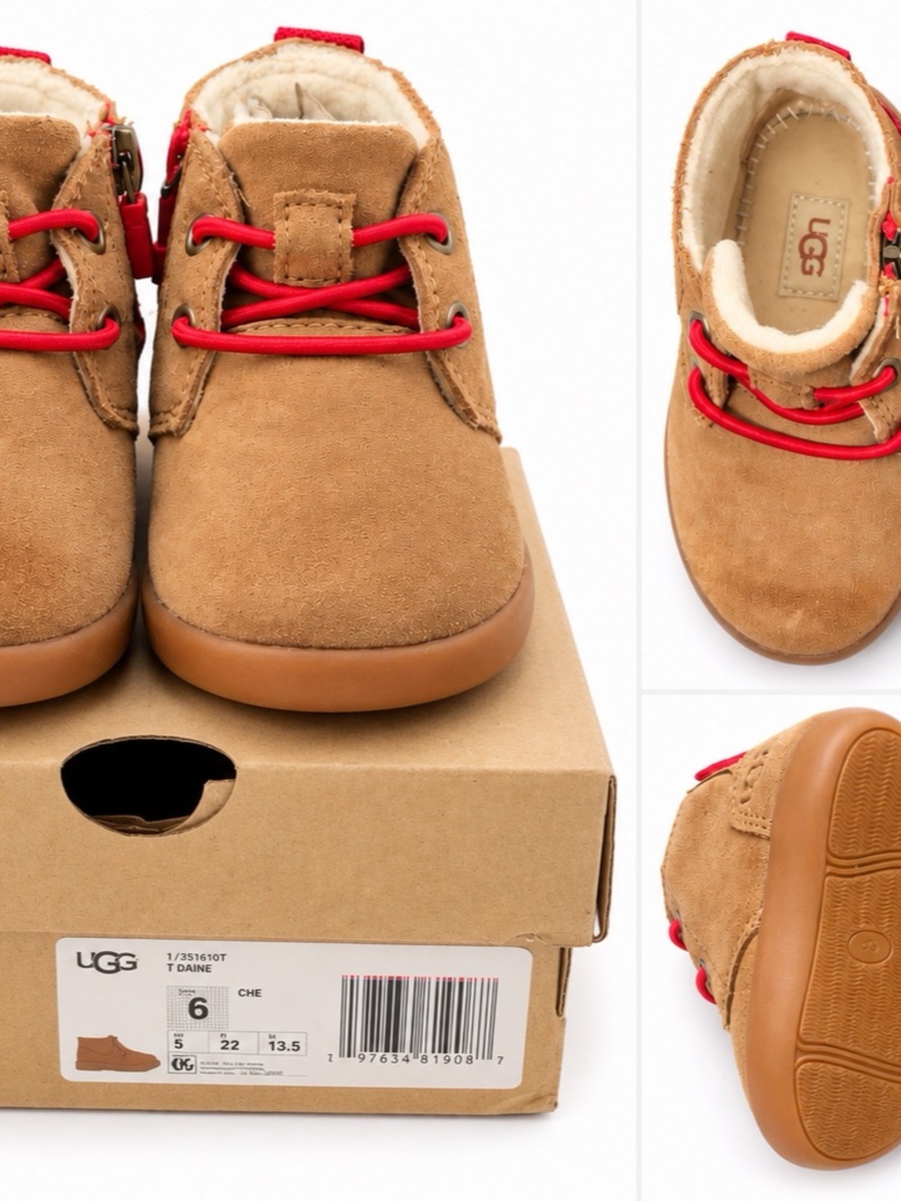 UGG Toddler Brown Suede Lace Up Boots Red Laces Size 6C New in Box